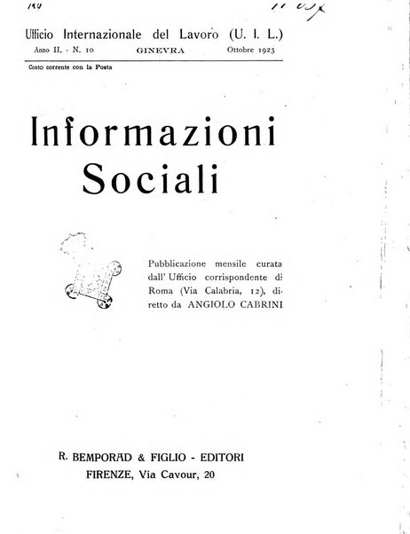 Informazioni sociali pubblicazione mensile curata dall'Ufficio corrispondente di Roma dell'Ufficio internazionale del lavoro, Ginevra