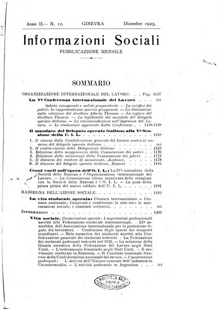 Informazioni sociali pubblicazione mensile curata dall'Ufficio corrispondente di Roma dell'Ufficio internazionale del lavoro, Ginevra