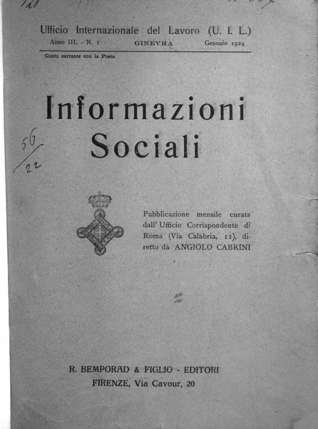 Informazioni sociali pubblicazione mensile curata dall'Ufficio corrispondente di Roma dell'Ufficio internazionale del lavoro, Ginevra