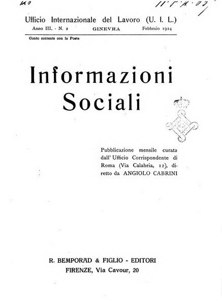 Informazioni sociali pubblicazione mensile curata dall'Ufficio corrispondente di Roma dell'Ufficio internazionale del lavoro, Ginevra