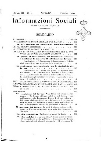 Informazioni sociali pubblicazione mensile curata dall'Ufficio corrispondente di Roma dell'Ufficio internazionale del lavoro, Ginevra