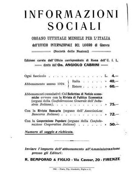 Informazioni sociali pubblicazione mensile curata dall'Ufficio corrispondente di Roma dell'Ufficio internazionale del lavoro, Ginevra