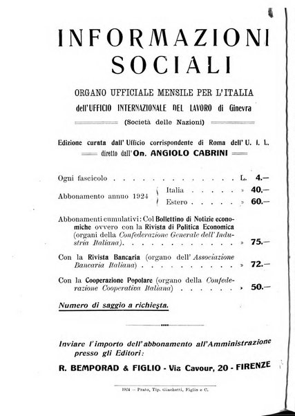 Informazioni sociali pubblicazione mensile curata dall'Ufficio corrispondente di Roma dell'Ufficio internazionale del lavoro, Ginevra