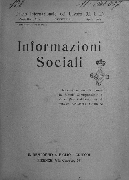 Informazioni sociali pubblicazione mensile curata dall'Ufficio corrispondente di Roma dell'Ufficio internazionale del lavoro, Ginevra