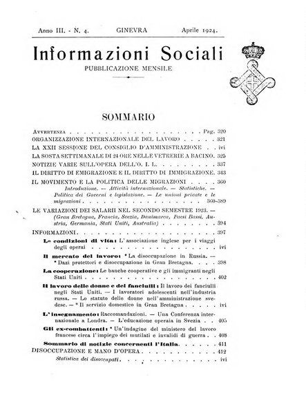 Informazioni sociali pubblicazione mensile curata dall'Ufficio corrispondente di Roma dell'Ufficio internazionale del lavoro, Ginevra