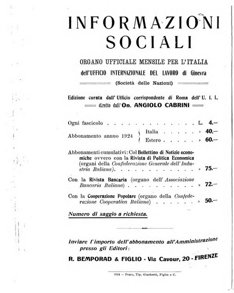 Informazioni sociali pubblicazione mensile curata dall'Ufficio corrispondente di Roma dell'Ufficio internazionale del lavoro, Ginevra