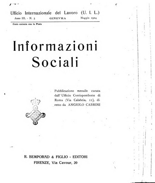 Informazioni sociali pubblicazione mensile curata dall'Ufficio corrispondente di Roma dell'Ufficio internazionale del lavoro, Ginevra