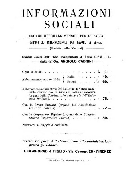 Informazioni sociali pubblicazione mensile curata dall'Ufficio corrispondente di Roma dell'Ufficio internazionale del lavoro, Ginevra