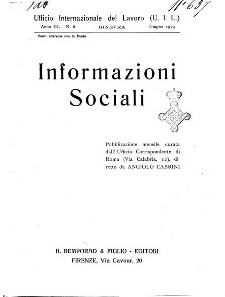 Informazioni sociali pubblicazione mensile curata dall'Ufficio corrispondente di Roma dell'Ufficio internazionale del lavoro, Ginevra