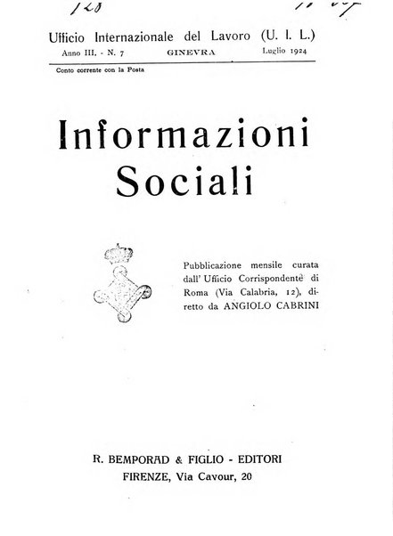 Informazioni sociali pubblicazione mensile curata dall'Ufficio corrispondente di Roma dell'Ufficio internazionale del lavoro, Ginevra