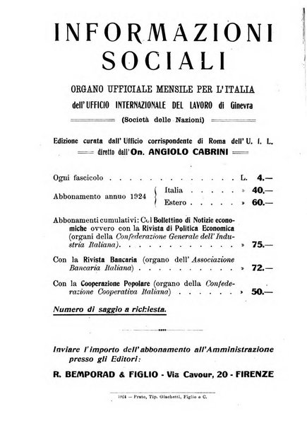 Informazioni sociali pubblicazione mensile curata dall'Ufficio corrispondente di Roma dell'Ufficio internazionale del lavoro, Ginevra