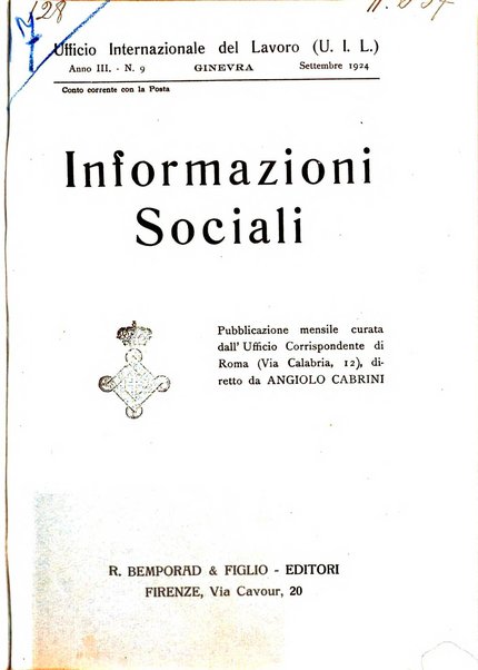 Informazioni sociali pubblicazione mensile curata dall'Ufficio corrispondente di Roma dell'Ufficio internazionale del lavoro, Ginevra