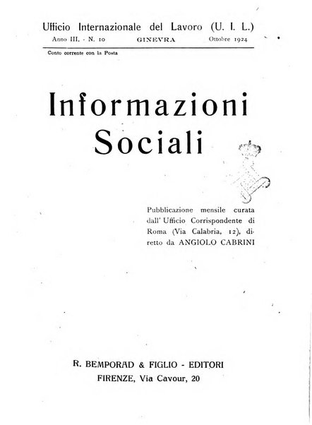 Informazioni sociali pubblicazione mensile curata dall'Ufficio corrispondente di Roma dell'Ufficio internazionale del lavoro, Ginevra