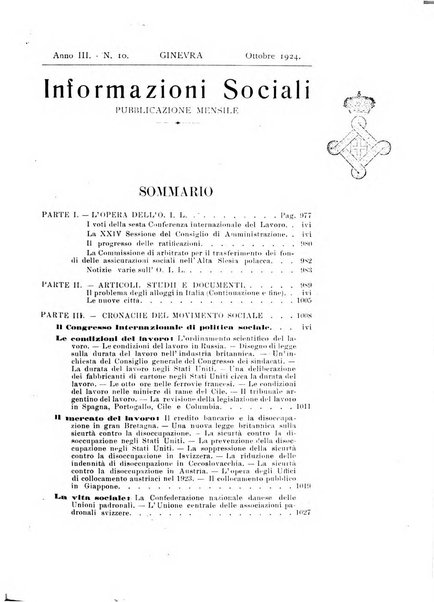 Informazioni sociali pubblicazione mensile curata dall'Ufficio corrispondente di Roma dell'Ufficio internazionale del lavoro, Ginevra