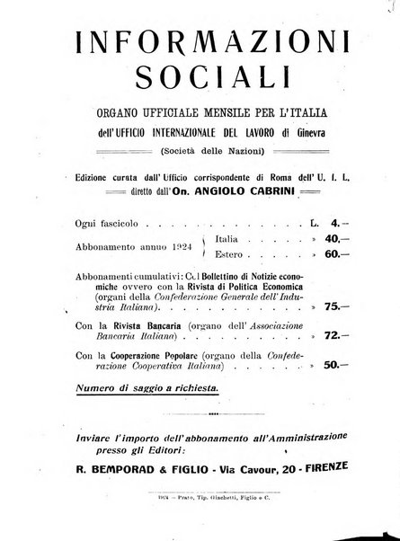 Informazioni sociali pubblicazione mensile curata dall'Ufficio corrispondente di Roma dell'Ufficio internazionale del lavoro, Ginevra