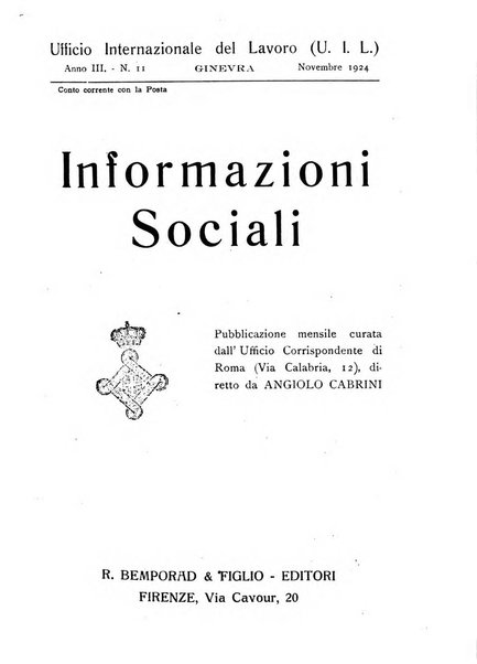 Informazioni sociali pubblicazione mensile curata dall'Ufficio corrispondente di Roma dell'Ufficio internazionale del lavoro, Ginevra