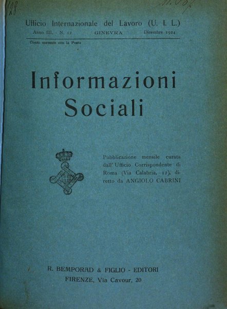 Informazioni sociali pubblicazione mensile curata dall'Ufficio corrispondente di Roma dell'Ufficio internazionale del lavoro, Ginevra