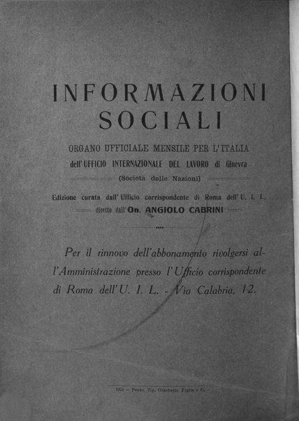 Informazioni sociali pubblicazione mensile curata dall'Ufficio corrispondente di Roma dell'Ufficio internazionale del lavoro, Ginevra