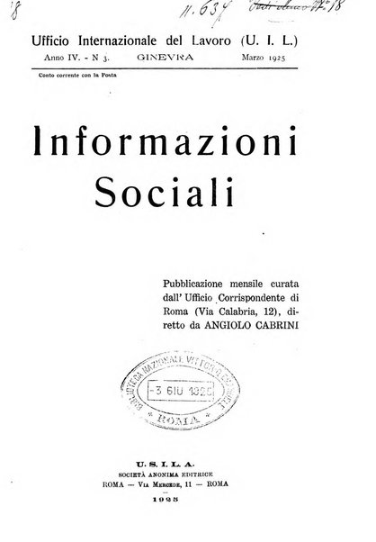 Informazioni sociali pubblicazione mensile curata dall'Ufficio corrispondente di Roma dell'Ufficio internazionale del lavoro, Ginevra