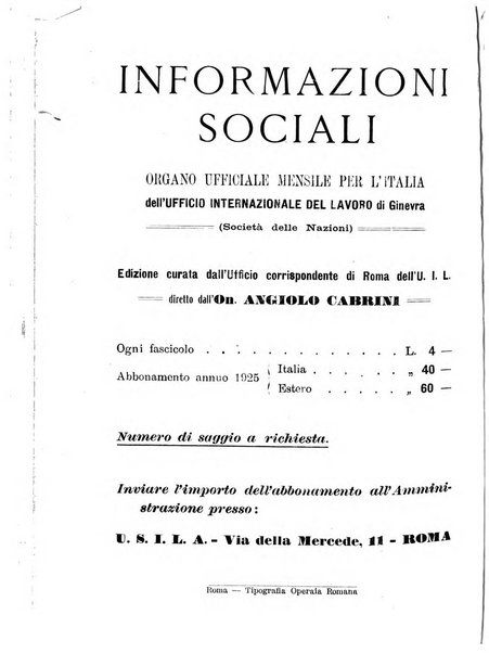 Informazioni sociali pubblicazione mensile curata dall'Ufficio corrispondente di Roma dell'Ufficio internazionale del lavoro, Ginevra