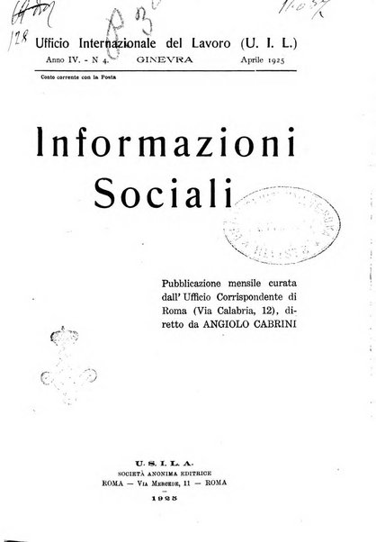 Informazioni sociali pubblicazione mensile curata dall'Ufficio corrispondente di Roma dell'Ufficio internazionale del lavoro, Ginevra