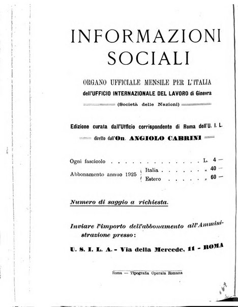 Informazioni sociali pubblicazione mensile curata dall'Ufficio corrispondente di Roma dell'Ufficio internazionale del lavoro, Ginevra