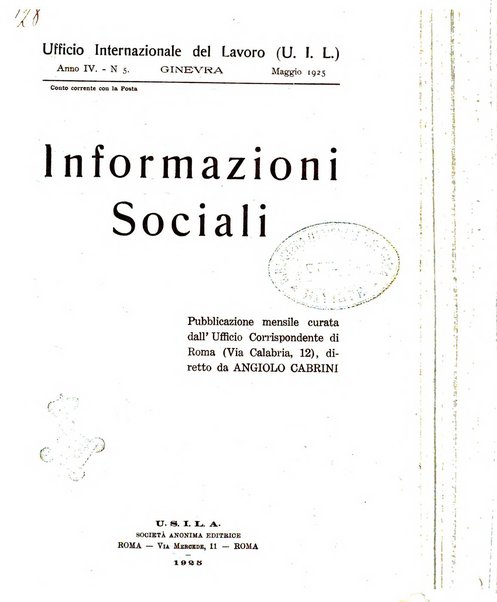 Informazioni sociali pubblicazione mensile curata dall'Ufficio corrispondente di Roma dell'Ufficio internazionale del lavoro, Ginevra