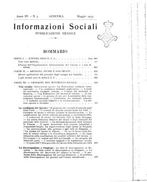 Informazioni sociali pubblicazione mensile curata dall'Ufficio corrispondente di Roma dell'Ufficio internazionale del lavoro, Ginevra