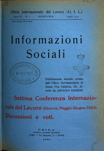 Informazioni sociali pubblicazione mensile curata dall'Ufficio corrispondente di Roma dell'Ufficio internazionale del lavoro, Ginevra