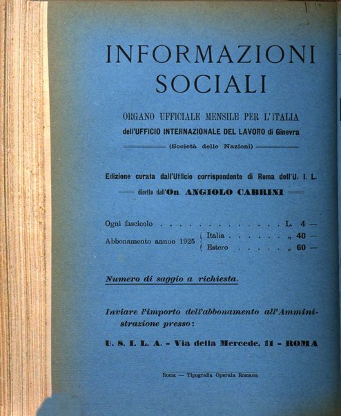 Informazioni sociali pubblicazione mensile curata dall'Ufficio corrispondente di Roma dell'Ufficio internazionale del lavoro, Ginevra