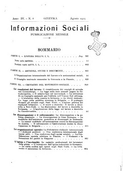 Informazioni sociali pubblicazione mensile curata dall'Ufficio corrispondente di Roma dell'Ufficio internazionale del lavoro, Ginevra