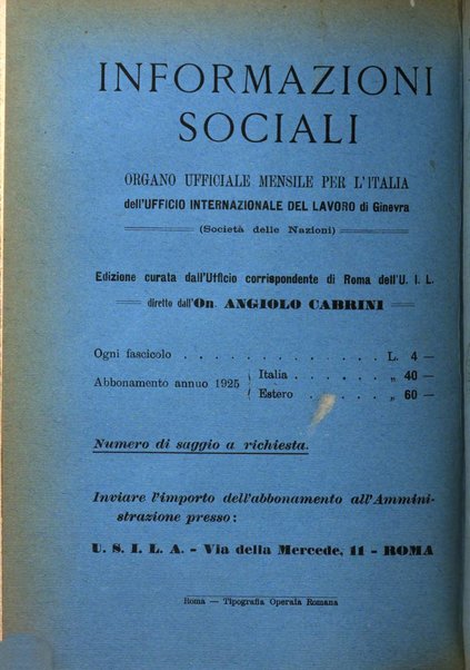 Informazioni sociali pubblicazione mensile curata dall'Ufficio corrispondente di Roma dell'Ufficio internazionale del lavoro, Ginevra