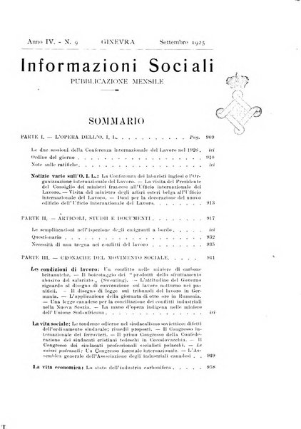 Informazioni sociali pubblicazione mensile curata dall'Ufficio corrispondente di Roma dell'Ufficio internazionale del lavoro, Ginevra