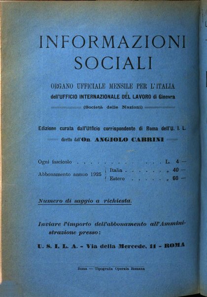 Informazioni sociali pubblicazione mensile curata dall'Ufficio corrispondente di Roma dell'Ufficio internazionale del lavoro, Ginevra