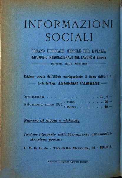 Informazioni sociali pubblicazione mensile curata dall'Ufficio corrispondente di Roma dell'Ufficio internazionale del lavoro, Ginevra