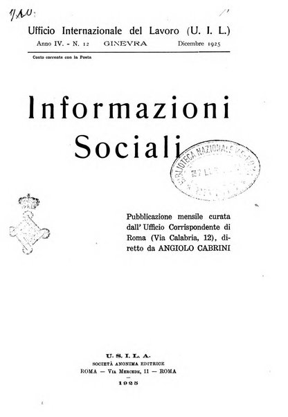 Informazioni sociali pubblicazione mensile curata dall'Ufficio corrispondente di Roma dell'Ufficio internazionale del lavoro, Ginevra