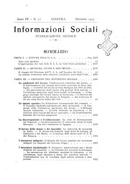 Informazioni sociali pubblicazione mensile curata dall'Ufficio corrispondente di Roma dell'Ufficio internazionale del lavoro, Ginevra