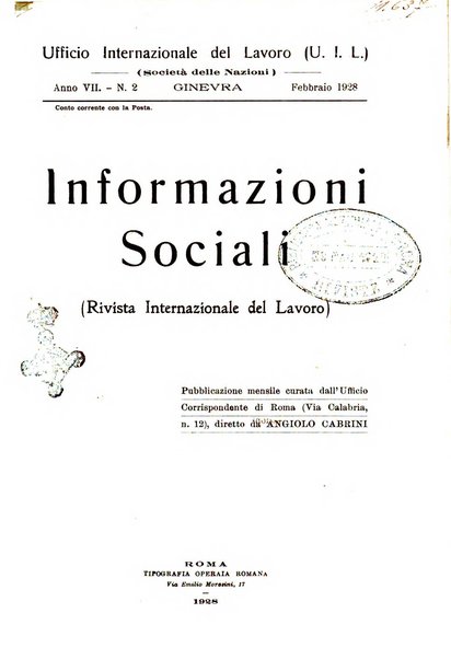 Informazioni sociali pubblicazione mensile curata dall'Ufficio corrispondente di Roma dell'Ufficio internazionale del lavoro, Ginevra