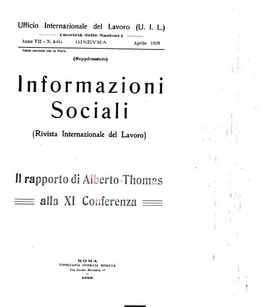 Informazioni sociali pubblicazione mensile curata dall'Ufficio corrispondente di Roma dell'Ufficio internazionale del lavoro, Ginevra