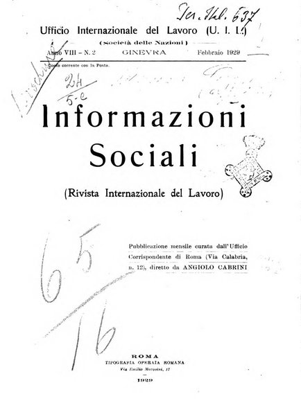 Informazioni sociali pubblicazione mensile curata dall'Ufficio corrispondente di Roma dell'Ufficio internazionale del lavoro, Ginevra