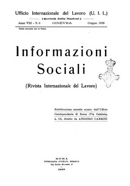 Informazioni sociali pubblicazione mensile curata dall'Ufficio corrispondente di Roma dell'Ufficio internazionale del lavoro, Ginevra