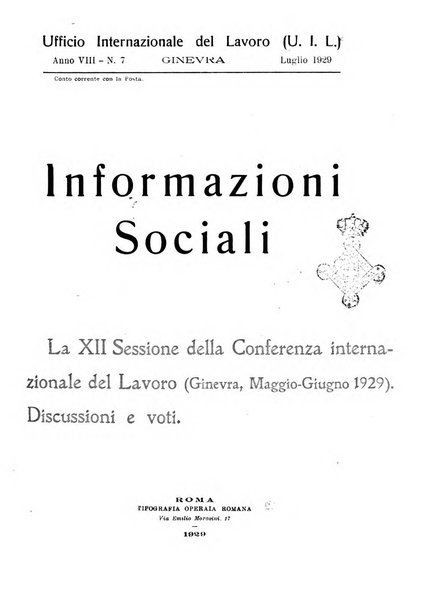 Informazioni sociali pubblicazione mensile curata dall'Ufficio corrispondente di Roma dell'Ufficio internazionale del lavoro, Ginevra