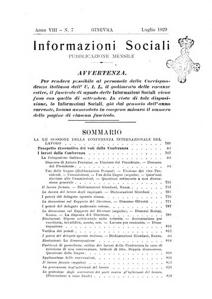 Informazioni sociali pubblicazione mensile curata dall'Ufficio corrispondente di Roma dell'Ufficio internazionale del lavoro, Ginevra