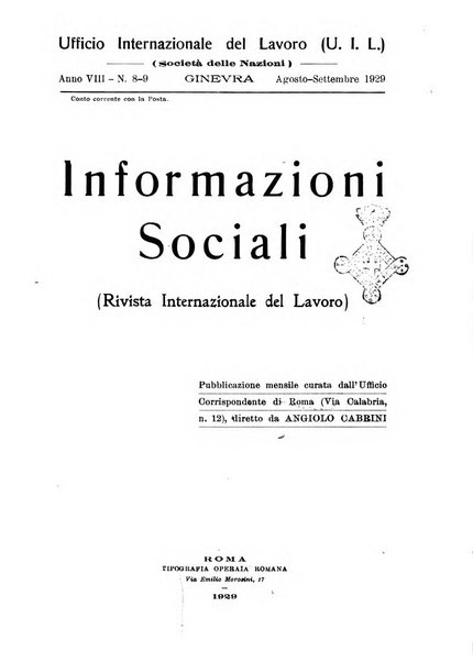 Informazioni sociali pubblicazione mensile curata dall'Ufficio corrispondente di Roma dell'Ufficio internazionale del lavoro, Ginevra