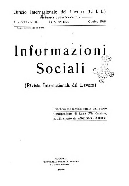 Informazioni sociali pubblicazione mensile curata dall'Ufficio corrispondente di Roma dell'Ufficio internazionale del lavoro, Ginevra