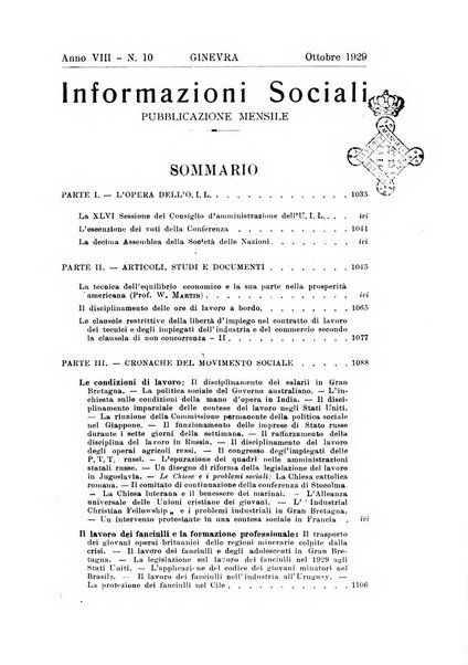 Informazioni sociali pubblicazione mensile curata dall'Ufficio corrispondente di Roma dell'Ufficio internazionale del lavoro, Ginevra