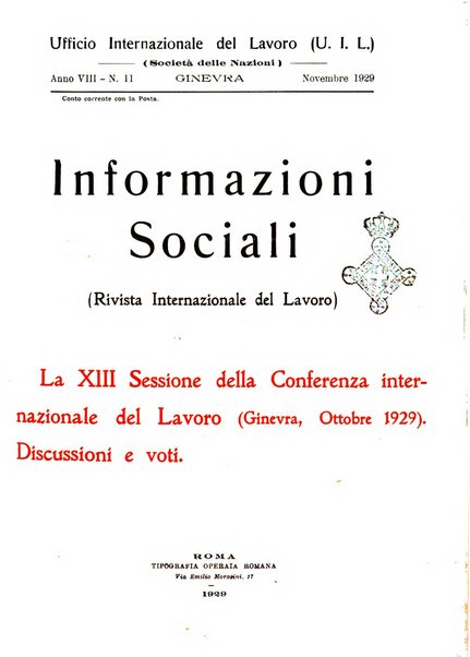 Informazioni sociali pubblicazione mensile curata dall'Ufficio corrispondente di Roma dell'Ufficio internazionale del lavoro, Ginevra