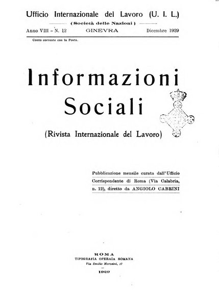 Informazioni sociali pubblicazione mensile curata dall'Ufficio corrispondente di Roma dell'Ufficio internazionale del lavoro, Ginevra