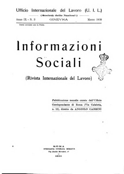 Informazioni sociali pubblicazione mensile curata dall'Ufficio corrispondente di Roma dell'Ufficio internazionale del lavoro, Ginevra