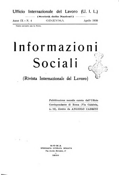 Informazioni sociali pubblicazione mensile curata dall'Ufficio corrispondente di Roma dell'Ufficio internazionale del lavoro, Ginevra